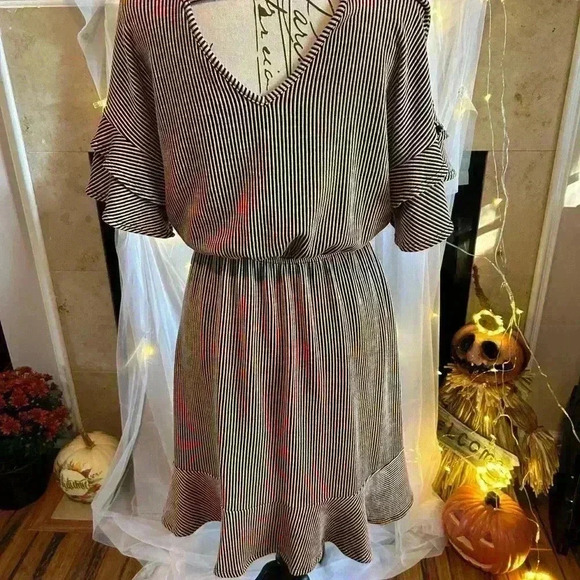 P.S. Love Black & Peach Stripe Dress. Medium. Preowned. - Picture 2 of 4